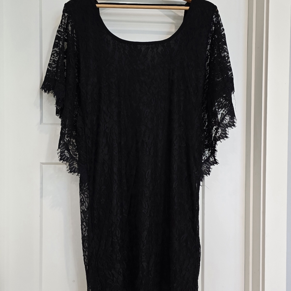 Frederick's OF HOLLYWOOD Dress 1X Tunic Top Black Floral Lace Beading Goth Sexy